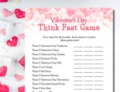 valentine's day think fast game with hearts on the table and candy in front