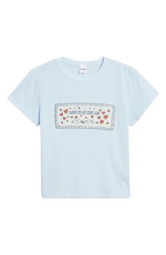 This all-cotton T-shirt features a doily-edged Snoopy graphic that will be your Valentine to the world. 20" length (size X-Small) Crewneck Short sleeves 70% cotton, 30% recycled cotton Machine wash, tumble dry Made in the USA Snoopy Tshirt, Snoopy T Shirt, Snoopy Love, Peanuts Snoopy, Crafty Craft, Recycled Cotton, To The World, Baby Blue, Cotton Tshirt