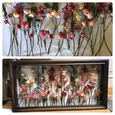 two pictures with flowers in them on the wall and one has been made into a shadow box