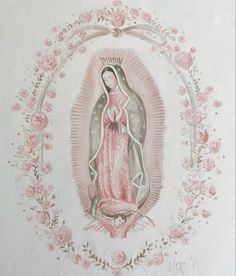 the virgin mary is surrounded by pink roses