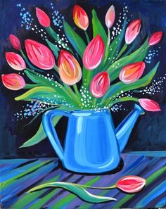 a painting of pink tulips in a blue watering can