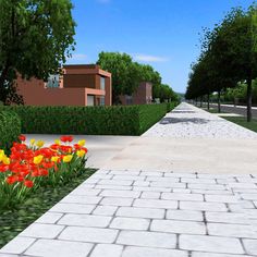 an artist's rendering of a sidewalk with flowers in the foreground