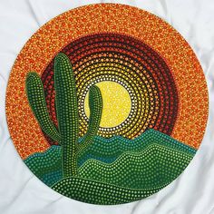 a painting of a cactus in front of a sun with dots on the bottom and back