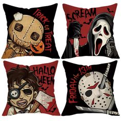 four pillows with cartoon characters on them, one is wearing a mask and the other has a knife