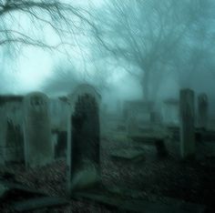 an old cemetery with many headstones in the fog