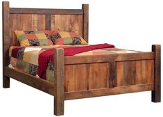 a bed frame made out of wooden planks and wood slats, with a quilt on top