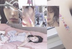 a collage of photos with various images and text on them, including a woman laying in bed