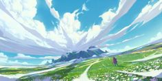 an anime scene with the sky and clouds in the foreground, two people are walking on a path