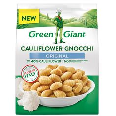 a bag of green giant cauliflower gnocchi on a white plate next to it