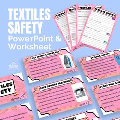 the powerpoint and worksheet for textiles safety is shown in pink with black text