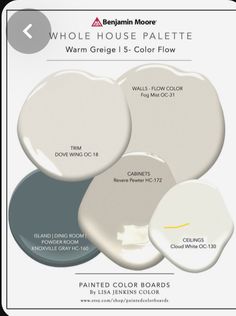 three different shades of white paint with the words,'whole house palette warm garage 1 - color flow '