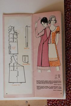 an old sewing book with two women's dresses and one is in the process of being sewn