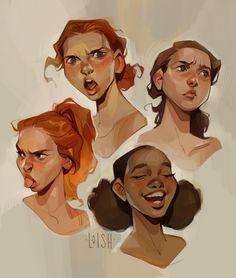 four different female faces are shown in this drawing style, including one with red hair and the other without