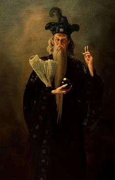 an old man with a beard and long white hair wearing a black robe holding a fan