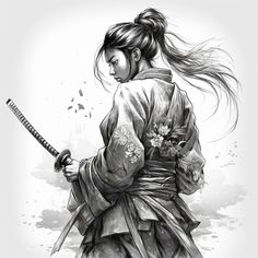 Tatoos Warrior Woman, Samurai Woman Drawing, Samurai Girl Drawing, Female Samurai Tattoo Design, Japanese Tattoo Designs Geisha, Female Samurai Drawing, Female Warrior Drawing, Samurai Girl Tattoo, Samurai Girl Art