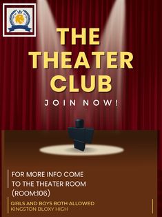 the theater club flyer with red curtains and spotlights