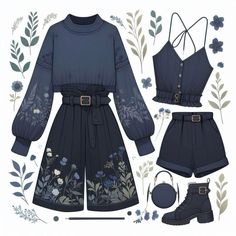 an image of a woman's outfit with flowers and leaves on it, including boots