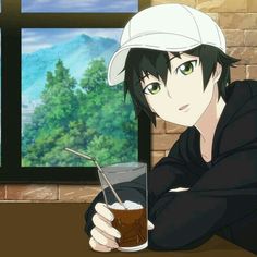 an anime character holding a drink in front of a window