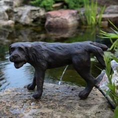 a statue of a dog standing on top of a rock next to a body of water