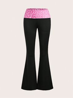 Y2k Pink Leopard Print Spliced Fold-Over Waist Flare Pants With Super Low Rise Black Casual   Polyester Colorblock,Leopard Print Flare Leg High Stretch  Women Clothing, size features are:Bust: ,Length: ,Sleeve Length: Cheap Black Zebra Print Bottoms, Pink Heart Flare Pants, Y2k Stuff, Pink Cheetah Print Leggings, Black Flares, Trendy Non-stretch Leopard Print Pants, Leopard Print Stretch Full-length Bottoms, Shein Icon, Y2k Pink