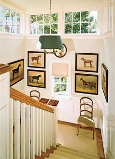 a staircase with pictures on the wall and framed horses