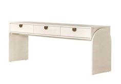 a white console table with three drawers