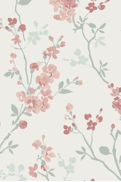 a floral wallpaper with pink flowers and green leaves