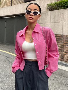 Cropped Pink Shirt Outfit, Pink Crop Shirt Outfit, Pink Collared Shirt Outfit, Pink Button Down Outfit, Pink Shirt Outfit Aesthetic, Pink Button Up Shirt Outfit, Pink Blouse Outfit, Hot Pink Shirt Outfit, Sleeveless Shirt Outfit