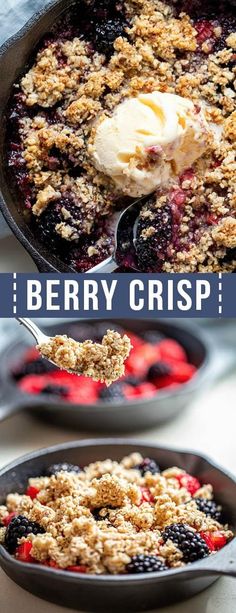 berry crisp in a cast iron skillet with ice cream on top