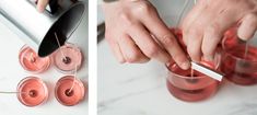 two shots being filled with pink liquid and one is pouring them into small glasses