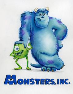 the monsters, inc logo is shown with an image of a monster and a green creature