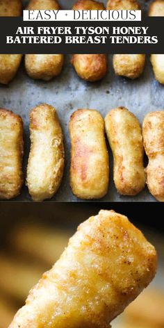 some fried food is being cooked in an oven and then placed on a tray with the words easy delicious air fryer tryon honey & honey battered bread tenders