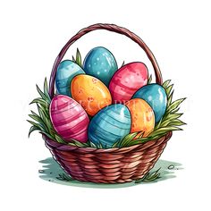 an easter basket filled with colored eggs