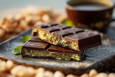 two pieces of chocolate sitting on top of a plate next to nuts and a cup