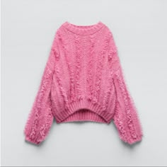 New With Tags, Never Worn! Spring Chunky Knit Stretch Sweater, Chic Spring Cable Knit Sweater, Trendy Pink Sweater With Ruffles, Chic Chunky Knit Sweater For Spring, Pink Knit Sweater With Ruffles, Trendy Ruffled Sweater For Fall, Chic Zara Chunky Knit Sweater, Zara Chic Chunky Knit Sweater, Trendy Zara Cable Knit Sweater