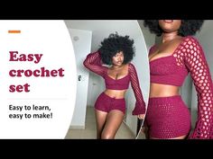 two women in matching outfits with the words easy crochet set