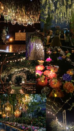 many different pictures of flowers and lights in the night time, including chandeliers