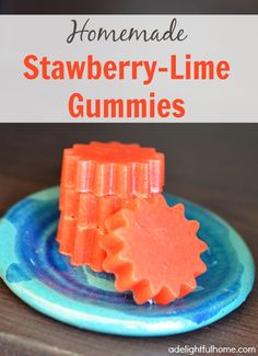 the recipe for strawberry - lime gummies is shown in front of a blue plate