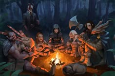 several people sitting around a campfire in the woods