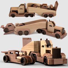 three different views of a wooden toy truck