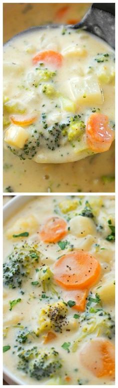 two pictures of broccoli, carrots and cheese soup