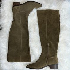 Nwot Size 9. Color Is Olive Green/Brown Suede Leather. Side Zipper, Stacked Heel, Rubber Sole. Approximate Measurements: Heel Height-1 1/2”, Shaft Height-19”, Calf Width-7 1/2”, Opening Width-8”. Js-14 Olive Leather Boots For Fall, Fall Olive Leather Boots, Suede Mid-calf Boots With Stacked Heel, Brown Suede Pointed Toe Mid-calf Boots, Brown Suede Lace-up Moto Boots, Brown Suede Knee-high Boots With Snip Toe, Brown Suede Knee-high Boots Medium Width, Lucky Brand Shoes, Suede Leather Boots