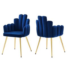 two blue chairs with gold legs on a white background