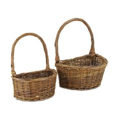 two wicker baskets sitting next to each other on a white background, one is empty