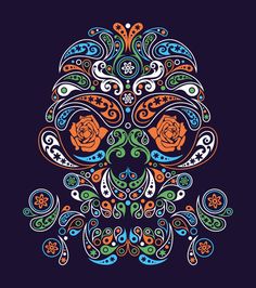 a colorful sugar skull art print on a dark background with an orange rose in the center