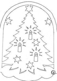 a drawing of a christmas tree with candles and stars on the top, as well as an ornament