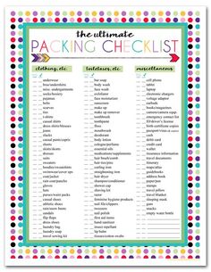 the ultimate packing checklist printable with colorful polka dot border and dots around it