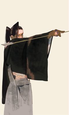 a woman holding a large piece of cloth in one hand and a knife in the other