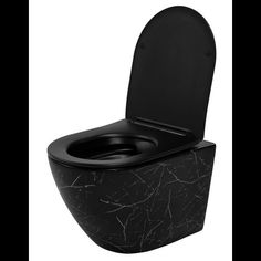 a black toilet with the lid up and its seat down, in front of a white background