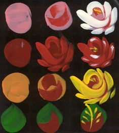 an image of flowers painted with acrylic paint on black paper and colored pencils